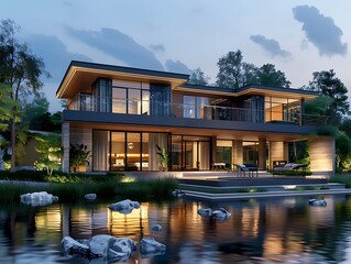 Obraz premium Modern minimal house with swimming pool in the countrysid