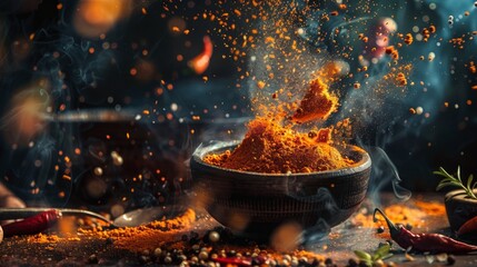 Vibrant spices exploding in a bowl