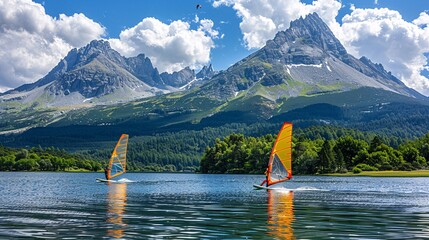 Elderly couple windsurfing together on a serene lake with picturesque mountains surrounding them Stock Photo with copy space
