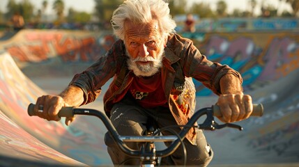 Senior man performing tricks on a BMX bike in an urban skate park with graffiti-covered walls Stock Photo with copy space