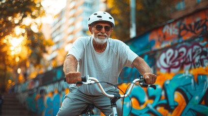 Senior man performing tricks on a BMX bike in an urban skate park with graffiti-covered walls Stock Photo with copy space