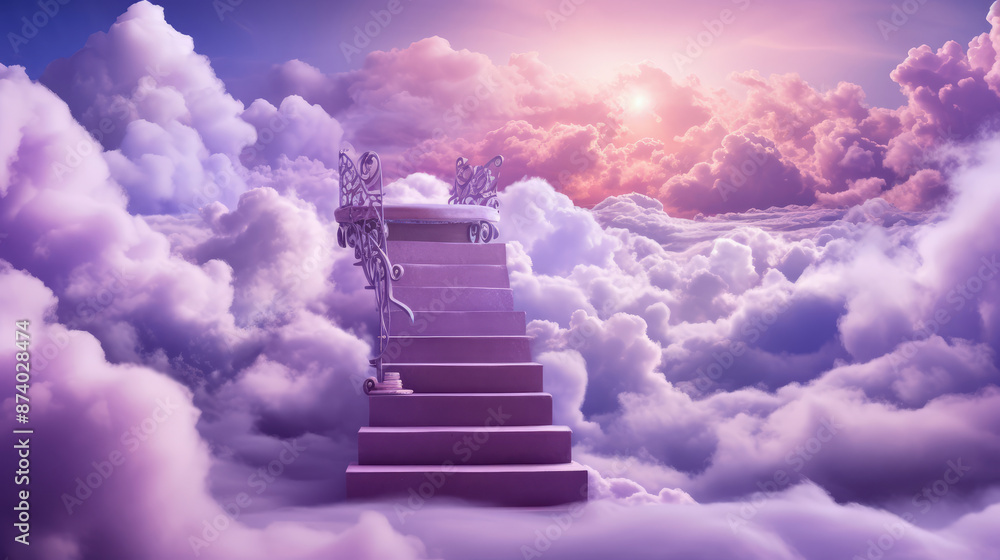 Wall mural fantasy scene with stairs and armchair against purple sky with clouds., generative ai