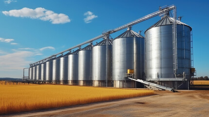 Obraz premium Industrial silos for storing grain, wheat, corn and oats., generative ai