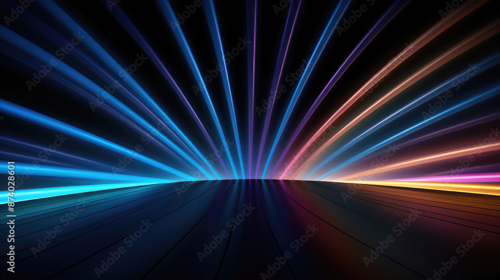 Poster black background with rainbow lights and blue light., generative ai