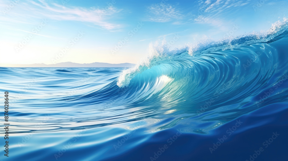 Canvas Prints 3d illustration of blue ocean wave with reflection on water surface over sky background., generative