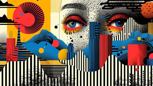 Create a bold graphic illustration featuring optical illusions and playful elements, designed to captivate the viewer's attention. Illustration, Image, , Minimalism,