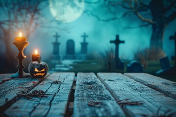 Scary cemetery scene with wooden planks in the foreground, fog and tombstones in the background, full moon shining. Ideal for Halloween or horror theme