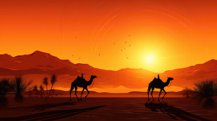 Camels traveling in the middle of the desert with sky in the sunset orange background., generative ai