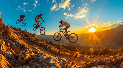 Group of senior BMX riders performing tricks and jumps at a bike park Stock Photo with copy space