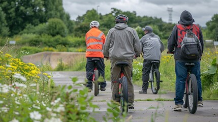 Group of senior BMX riders performing tricks and jumps at a bike park Stock Photo with copy space