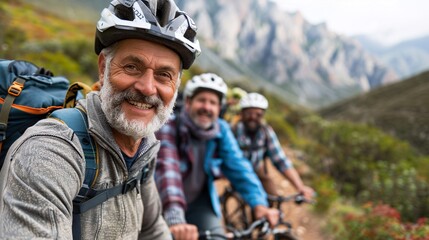 Group of elderly friends on BMX bikes exploring a rugged outdoor trail Stock Photo with copy space