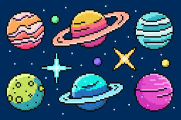 Pixel Art Cartoon Planet Set. Cute game planets in retro style. Vector illustration