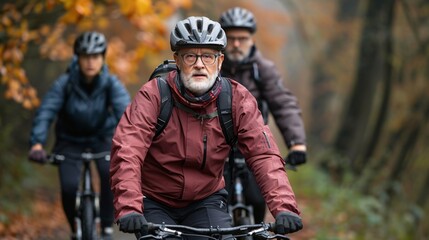 Group of elderly friends on BMX bikes exploring a rugged outdoor trail Stock Photo with copy space
