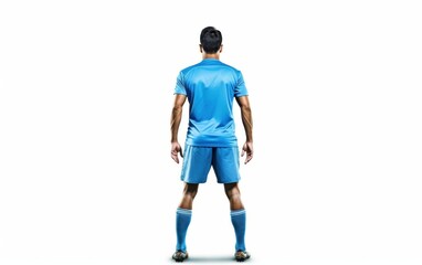 Soccer player in action isolated on white background. Back view of man in blue sportswear.