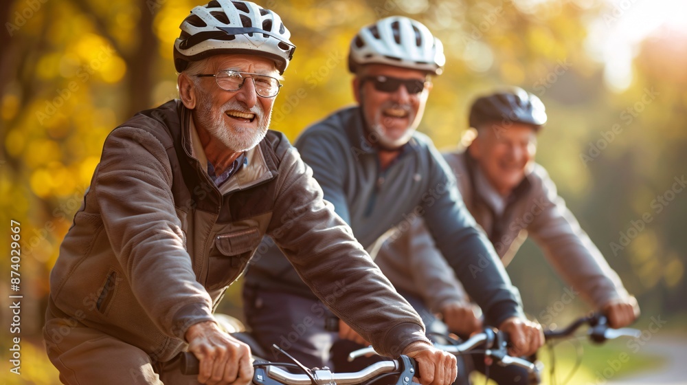 Poster group of senior bmx riders having fun and laughing while riding together stock photo with copy space