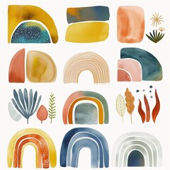 A set of abstract watercolor paintings with various shapes and colors