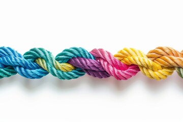 Unity and teamwork concept as a business metaphor for joining a partnership as diverse ropes connected together as a corporate symbol for cooperation and working collaboration.