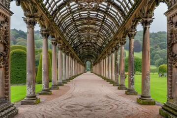 Obraz premium Majestic colonnade with intricate details in a historic garden, captured on a clear day, showcasing architectural beauty and symmetry