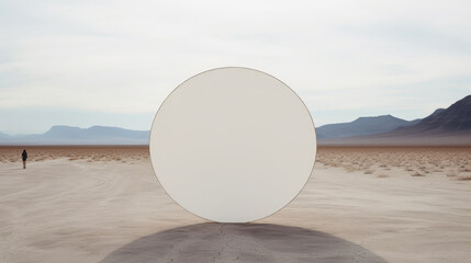circular white piece in an empty desert., generative ai