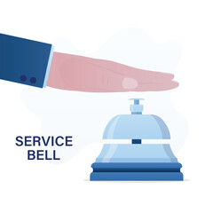 Human hand pressing hotel bell. Reception, customer, guest and restaurant bell icon symbol. Service bell ring sign. Businessman hand and concierge ring call with sound waves.