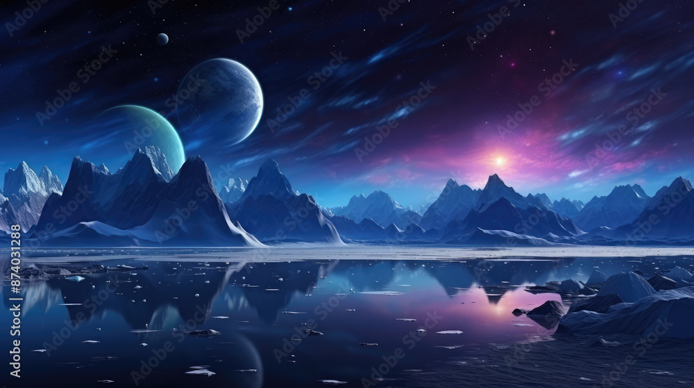 Wall mural fantasy landscape with icebergs and planet. 3d illustration., generative ai