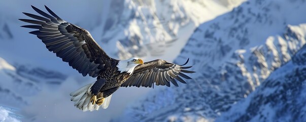 Bald Eagle Soaring Over Snowy Mountains