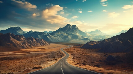 Fantasy landscape with mountains and road. Artistic style post processed photo., generative ai