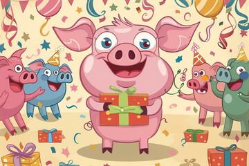 Obraz premium A cartoon pig holding a gift, surrounded by friends at a lively birthday party, with balloons and confetti creating a festive atmosphere.