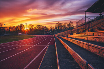 A vibrant, empty athletics track and stadium bleachers during sunset, creating a sense of anticipation and calm before the action.