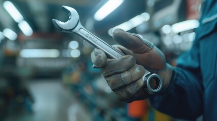 Skilled car mechanic holding wrench in detailed close-up with light key background for clean advertising look