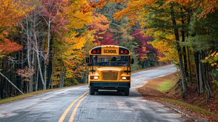 Obraz premium Yellow school bus driving on colorful country road, Back to school concept