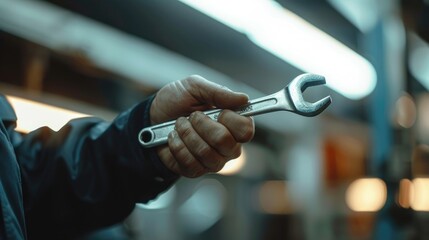 Skilled car mechanic holding wrench in detailed close-up with light key background for clean advertising look