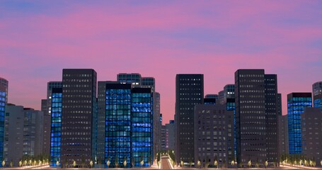 Obraz premium View of skyscrapers in center of the business district. Office lights and glass exterior. High-rise buildings against sunset purple and pink sky. 3D rendering.