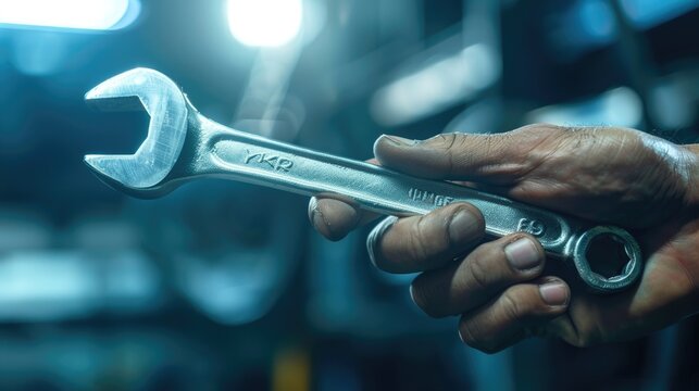 Mechanic's hand holding a car wrench with a light key and ample space for advertising text