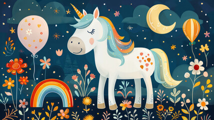A cute unicorn standing among flowers, balloons and rainbows. Vector illustration. Design for a children's print on a dark blue background.