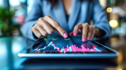 Fototapeta premium A businesswoman uses her hand to point at a tablet displaying a financial stock graph.The concept of analysis, technology in finance, and strategic decision-making. Generative AI.
