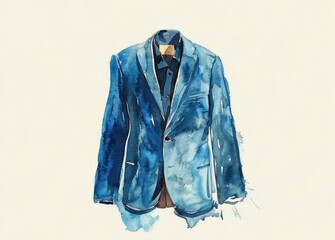 Blue blazer with tie on lapel watercolor painting for fashion and business professionals in travel and beauty industry