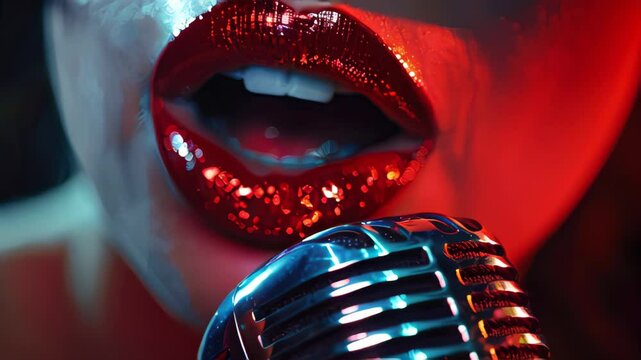 A woman with red lips singing into a microphone. The female singer performing or recording the song in a studio