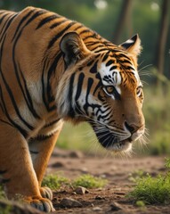 Fototapeta premium Poignant photograph of an endangered tiger in its natural habitat, capturing the essence of wildlife conservation and the beauty of nature.