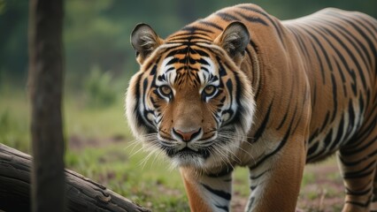 Fototapeta premium Poignant photograph of an endangered tiger in its natural habitat, capturing the essence of wildlife conservation and the beauty of nature.