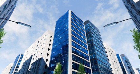 Obraz premium Bottom view of skyscrapers in center of the business district. Office lights and glass exterior. High-rise buildings against daytime blue sky. 3D rendering.