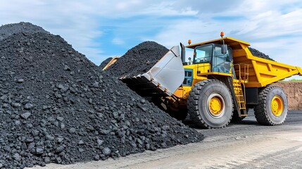 At the location of a black coal mine that is being transported by yellow trucks with a bright blue sky as a background