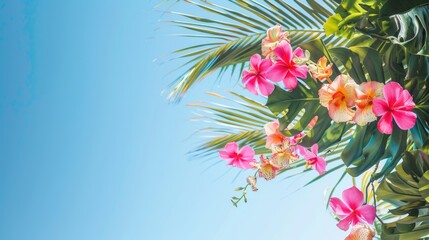 Tropical flower decoration under blue sky