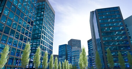 Bottom view of skyscrapers in center of the business district. Office lights and glass exterior....