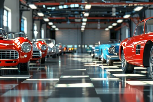 Fototapeta Exquisite display of vintage cars in a luxurious showroom with a classic checkered pattern floor, showcasing a rare and polished collection of iconic automobiles in pristine condition