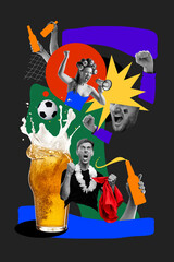 Creative collage with young people, sport fans, shouting, supporting soccer team on black background with colorful elements. Contemporary art. Concept of sport, event, competition, human emotions