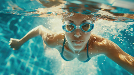 Underwater shot of female athlete swimming in pool