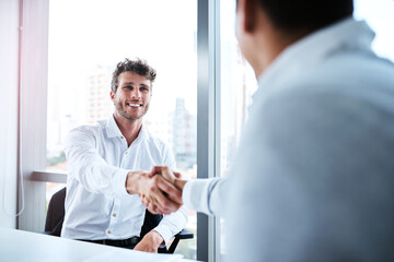 Job interview, meeting and business men with handshake for onboarding, recruitment or opportunity...