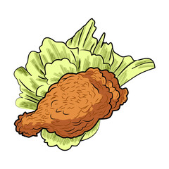 Chicken drumstick illustration with side vegetables as a garnish.
