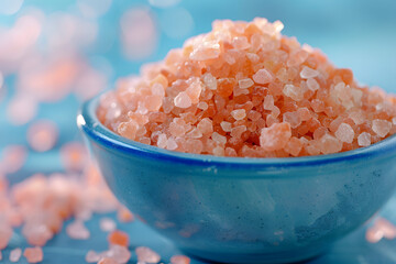 close up of coarse pink salt shining in the sunlight light and being pinched from a small blue bowl